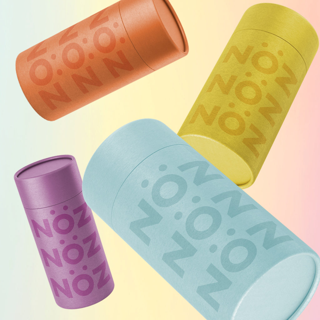 Noz Sunscreen in four different colors, Yellow, Blue, Purple, and orange 